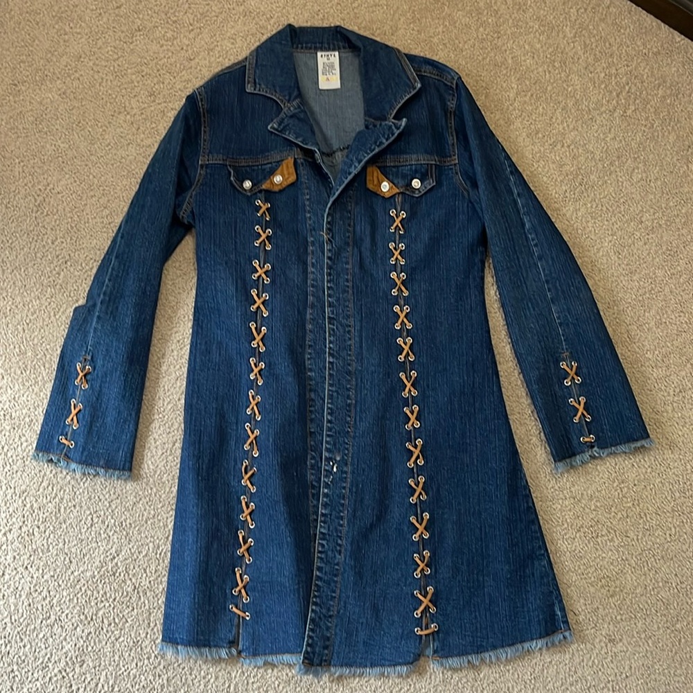 long jean jacket with brown  suede stitching design, fake front pockets